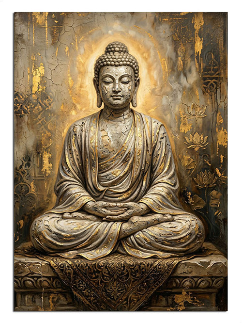 Altın Işıklı Buda Meditasyon Heykeli Dekoratif Kanvas - Mdf Ahşap Tablo