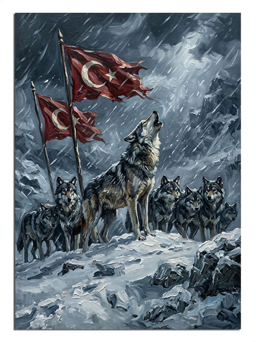 Türk Bayraklı Kurt Sürüsü Karda Dekoratif Kanvas - Mdf Ahşap Tablo