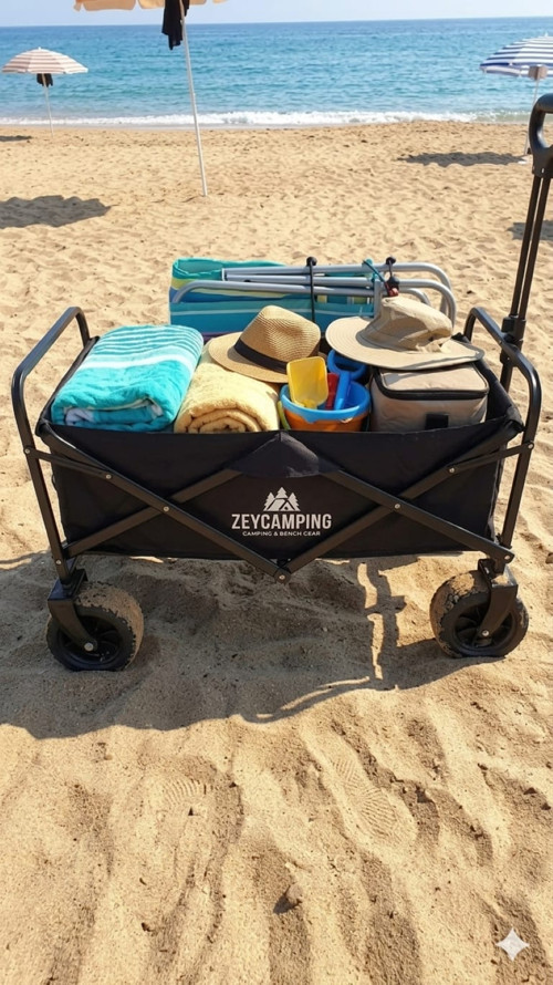 Zey Camping BÜYÜK BOY Fren Sistemli, Rulmanlı, Kalın Teker, XL Boy Katlanır Vagon Plaj Taşıma ve Kamp Arabası