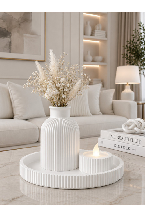 Dekoratif Vazo Mumluk Tealight Aydınlatmalı Ve Dekor Altlık Üçlü Set