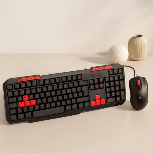 Usb Kablolu Klavye Mouse Set - Kırmızı Tuşlu Q Klavye 1600 Dpi