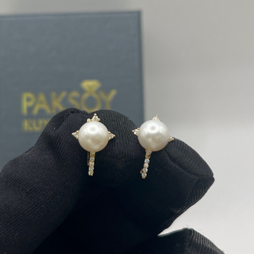 İncili Taşlı Yıldız Altın J Küpe 14 Ayar 3.33 Gram Kadın Hediye - K01222