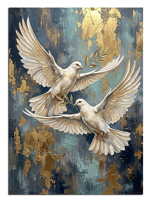 Altın Fonda Uçan Beyaz Güvercinler Dekoratif Kanvas - Mdf Ahşap Tablo
