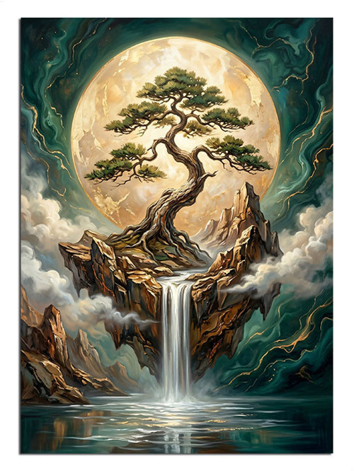 Dolunaylı Şelaleli Bonsai Ağaç Adası Dekoratif Kanvas - Mdf Ahşap Tablo