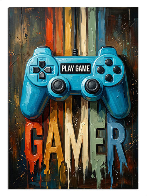 Mavi Oyun Konsolu Gamer Neon Dekoratif Kanvas - Mdf Ahşap Tablo