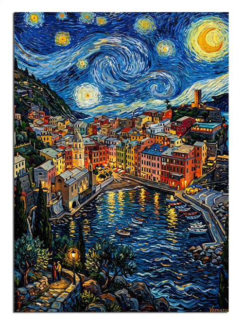 Van Gogh Yıldızlı Gece Kasaba Manzarası Dekoratif Kanvas - Mdf Ahşap Tablo