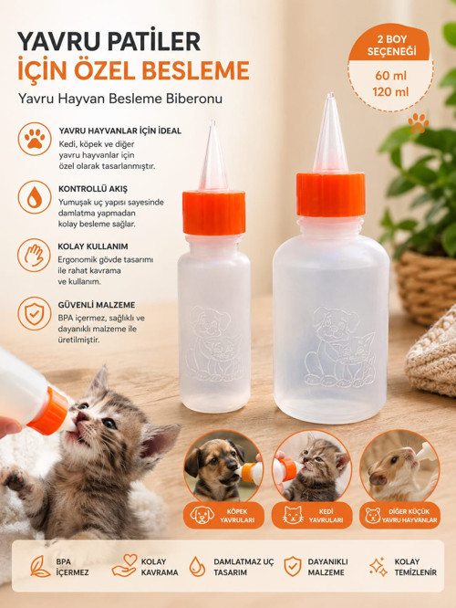 Evcil hayvanlar için 1 adet büyük boy, 1 adet küçük boy biberon