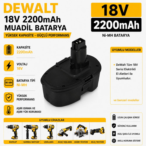 DEWALT DC988KB, DC988VA, DC989KA, DC989VA ile Uyumlu Muadil Matkap Bataryası
