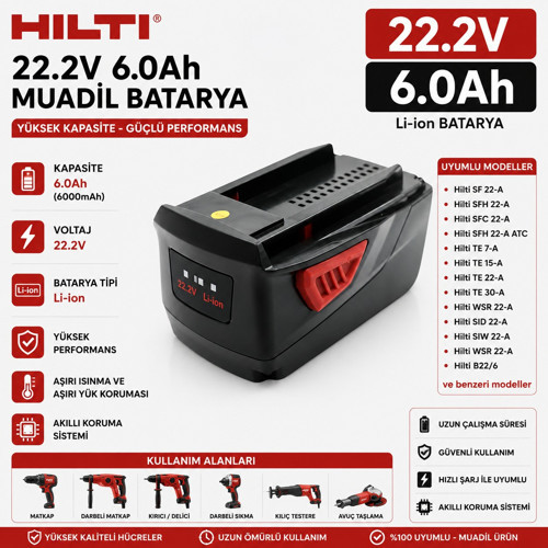 HILTI AG125-A22, HDE500-A22, SCM22-A, SCW22-A ile Uyumlu Muadil Matkap Bataryası