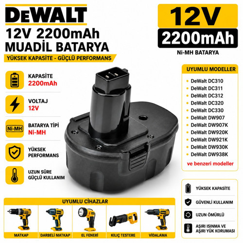 DEWALT DW907, DW912, DW915, DW917 ile Uyumlu Muadil Matkap Bataryası