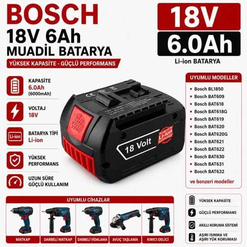 BOSCH GWS 18 V-LI, GGS 18 V-LI, GHO 18 V-LI ile Uyumlu Muadil Matkap Bataryası