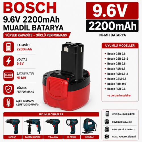 BOSCH GLI 9.6V, GLI 9,6V ile Uyumlu Muadil Matkap Bataryası