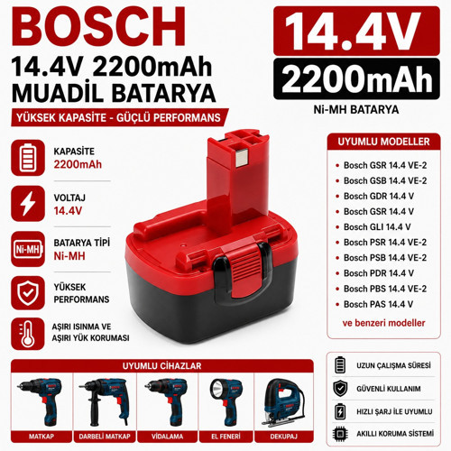 BOSCH AHS 41, ART 26, GDR 14.4V, GDS 14.4V, GHO 14.4V ile Uyumlu Muadil Matkap Bataryası