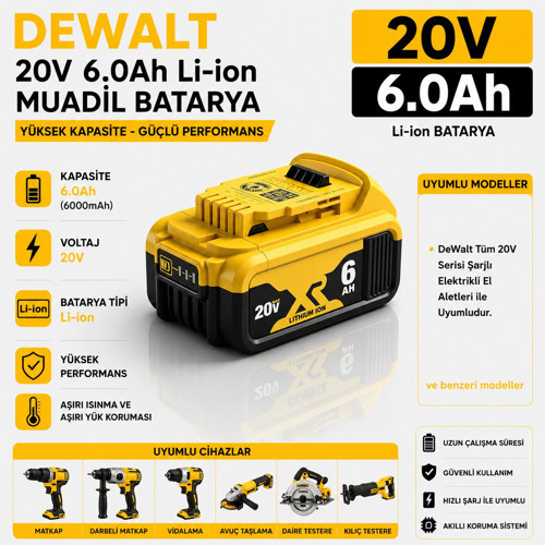 DEWALT DCS520, DCS521, DCS579, DCS572 ile Uyumlu Muadil Matkap Bataryası