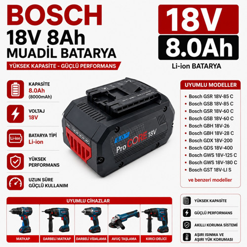 BOSCH GSB 185-LI, GDR 18V-215, GDX 18V-285 ile Uyumlu Muadil Matkap Bataryası