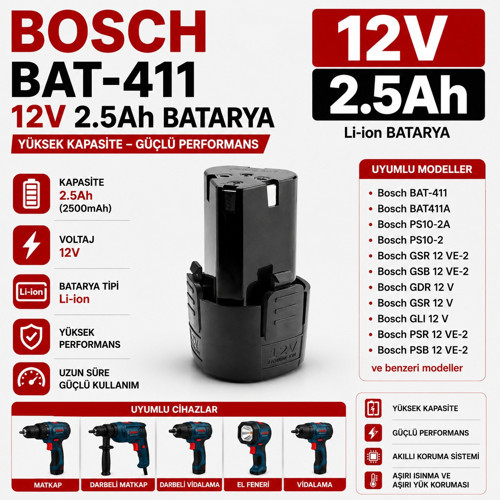 BOSCH GSC 12V-Li-ion, GOS 10.8 V-LI, GOS 12V-Li-ion ile Uyumlu Muadil Matkap Bataryası