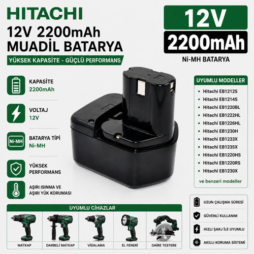 HITACHI WH12DK, WH12DM, WH12DM2, WH12DM2K ile Uyumlu Muadil Matkap Bataryası