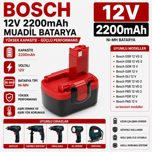 BOSCH 12v 2200mah PSR 12VE, PSR 1200 ile Uyumlu Muadil Matkap Bataryası