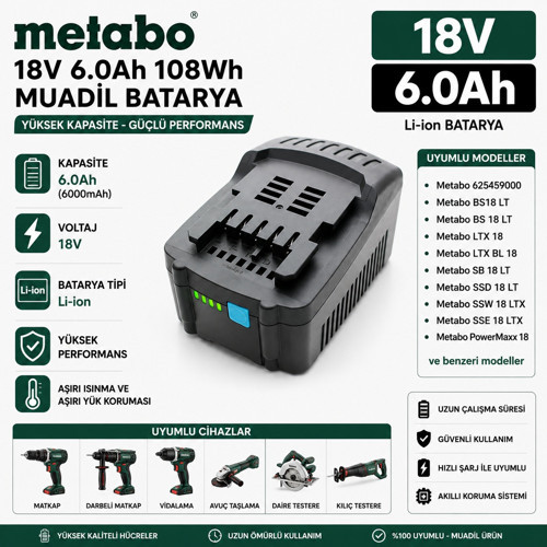 METABO 18v 6Ah 625459000,BS18 LT WPB18LTXBL, ULA14.4-18, BSA14.4-18LED ile Uyumlu Muadil Matkap Bataryası