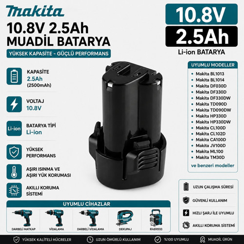 Makita JR101DW, JR101DWG, JR101DZ, JV100D ile Uyumlu Muadil Matkap Bataryası