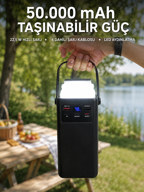LED Aydınlatmalı Powerbank 50.000 mAh 22,5 W Hızlı Şarj 4 Dahili Kablolu Dijital Pil Göstergel