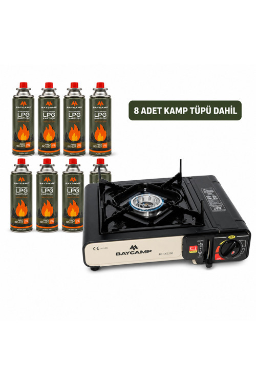 Portatif Kamp Ocağı Siyah + 8 Adet Kamp Tüpü – Otomatik Ateşlemeli, Taşıma Çantalı