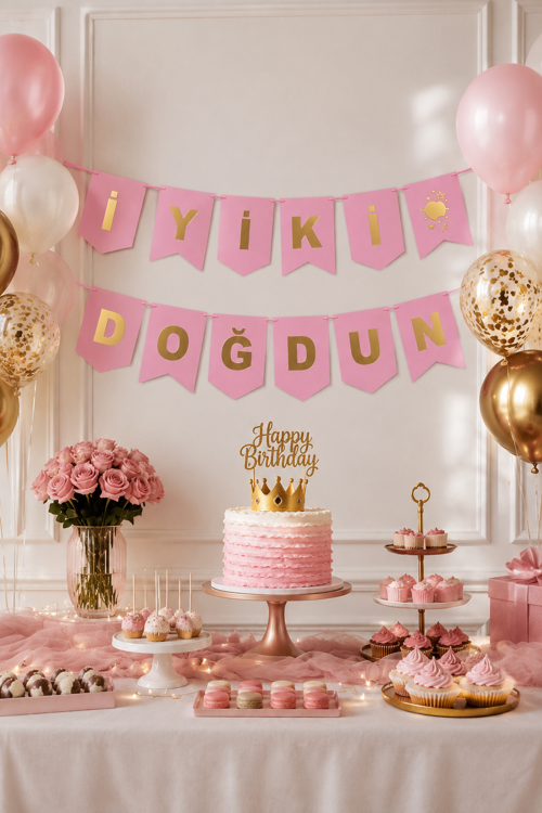 İyi Ki Doğdun Banner Pembe Altın Yazılı 250x17 cm Doğum Günü Parti Duvar Asma Dekor Süsleme