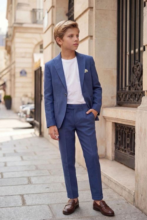 Erkek Çocuk indigo Keten Krep Takım Elbise Blazer Ceket Pantolon Pamuklu Tişörtlü Şık Kombin 8-14 Yaş