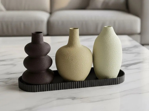 3'lü Dekoratif Vazo Seti ve Sunum Tepsisi – Modern Minimalist Masa Dekoru