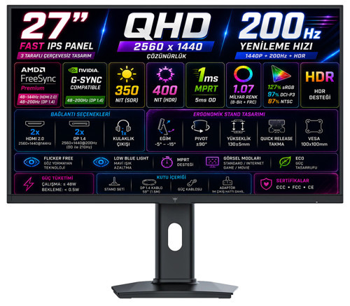 H27T7P 27" 1ms MPRT 200Hz (2xHDMI+2xDisplay) HDR400 FreeSync + G-Sync Fast IPS 2K QHD (2560 x 1440) Oyuncu Monitörü