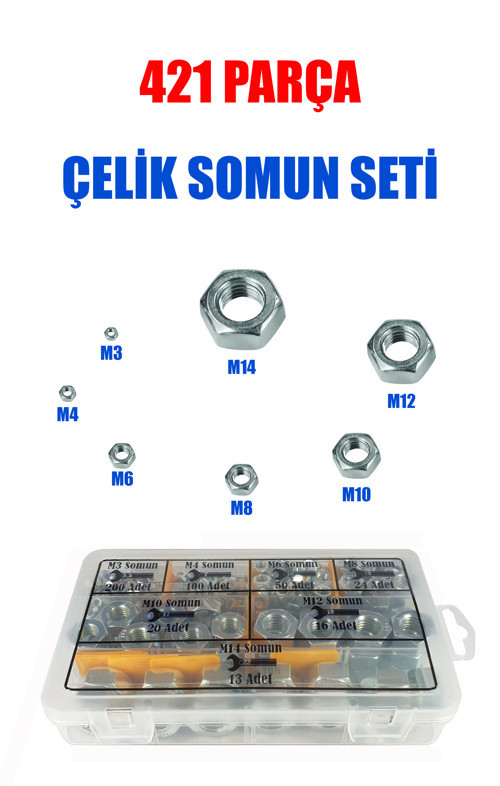 421 Parça Çelik Somun Seti (M3-M4-M6-M8-M10-M12-M14)