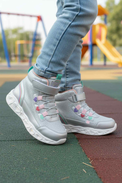 Gümüş Cırtlı Işıklı Kız Çocuk Sneaker Bot Kids F