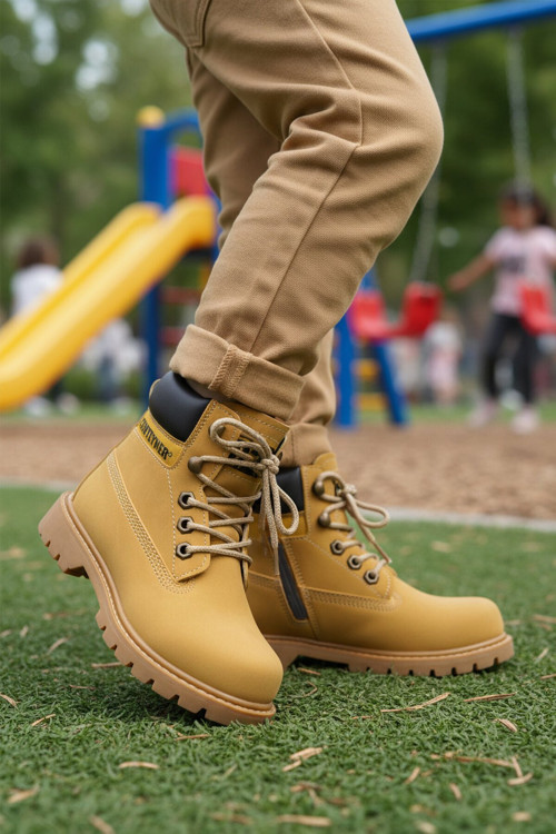 Camel Nubuk Bağcıklı Kalın Kaymaz Tabanlı Unisex Çocuk Bot 921 F