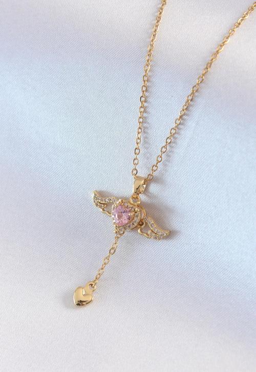 316L Çelik Gold Renk Kanatlı Kalp Model Zirkon Taş Detay Kadın Kolye - TJ-BKO7411