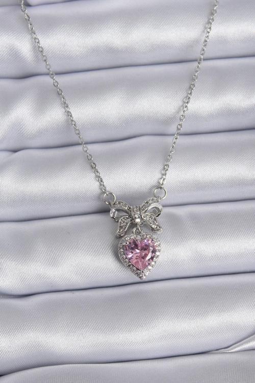 316L Çelik Gümüş Renk Zincir Pembe Kristal Kalp Zirkon Taşlı Kurdele Model Kadın Kolye - TJ-BKO7746