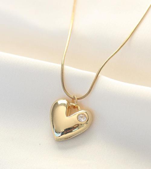 316L Çelik Gold Renk Tek Taşlı Kalp Kolye - TJ-BKO8508