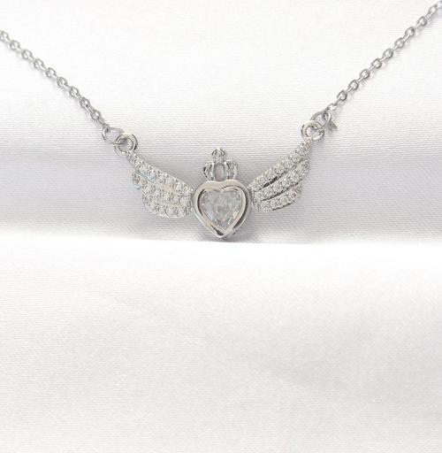 316L Çelik Silver Renk Zirkon Taşlı Kalpli Kanat Kolye - TJ-BKO8515