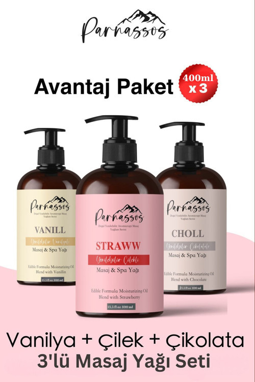 Vanilya Çilek Çikolata Aromalı Masaj Yağı Seti 3 X 400 Ml (1200 Ml) | Uzun Süreli Kayganlık, İpeksi Doku Ve Kalıcı Koku