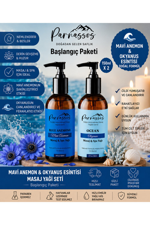 Mavi Anemon & Okyanus Esintisi Doğal Masaj Yağı Seti 150 Ml + 150 Ml | Aromaterapi Masaj Yağı | Nemlendirici Çiftli Set