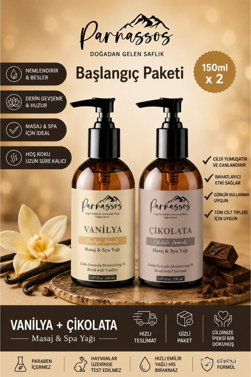 Vanilya & Çikolata Masaj Yağı Seti 2X150 Ml | İpeksi Doku, Uzun Süreli Kayganlık, Hoş Ve Kalıcı Koku