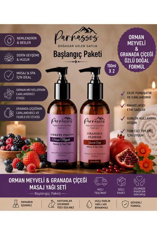 Orman Meyveli & Granada Çiçeği Doğal Masaj Yağı Seti 150 Ml + 150 Ml | Aromaterapi Masaj Yağı | Nemlendirici Çiftli Set