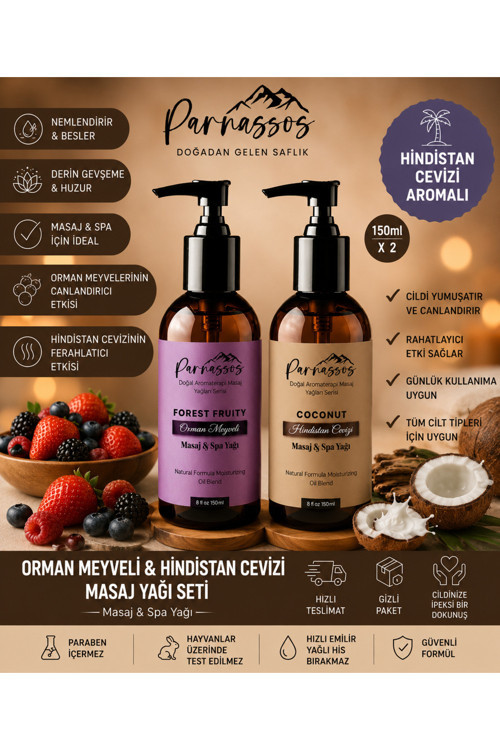 Orman Meyveli & Hindistan Cevizi Doğal Masaj Yağı Seti 150 Ml + 150 Ml | Aromaterapi Masaj Yağı | Nemlendirici Çiftli Set