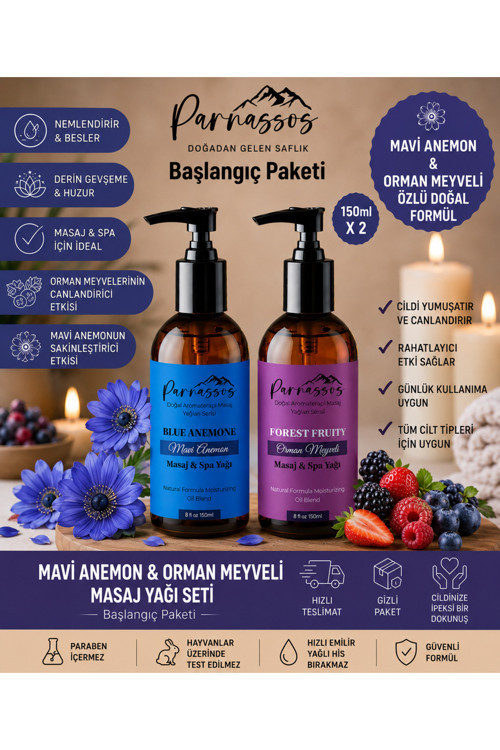 Mavi Anemon & Orman Meyveli Doğal Masaj Yağı Seti 150 Ml + 150 Ml | Aromaterapi Masaj Yağı | Nemlendirici Çiftli Set
