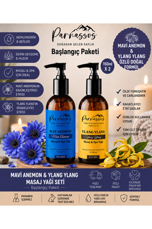 Mavi Anemon & Ylang Ylang Doğal Masaj Yağı Seti 150 Ml + 150 Ml | Aromaterapi Masaj Yağı | Nemlendirici Çiftli Set