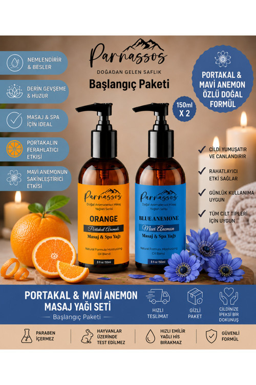Portakal & Mavi Anemon Doğal Masaj Yağı Seti 150 Ml + 150 Ml | Aromaterapi Masaj Yağı | Nemlendirici Çiftli Set