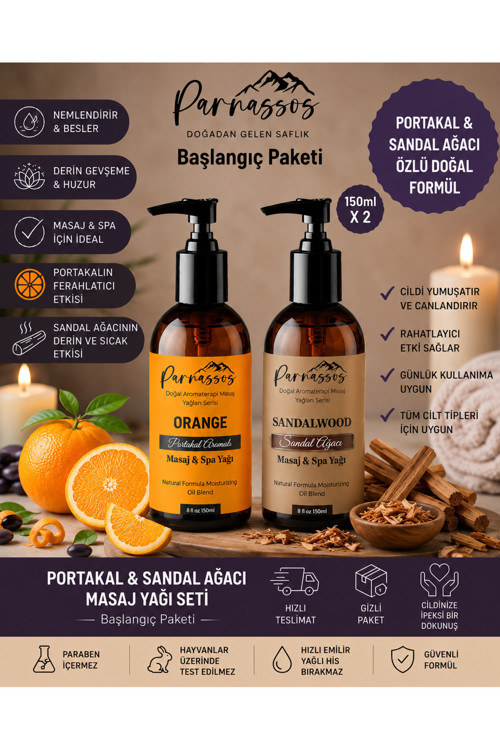 Portakal & Sandal Ağacı Doğal Masaj Yağı Seti 150 Ml + 150 Ml | Aromaterapi Masaj Yağı | Nemlendirici Çiftli Set