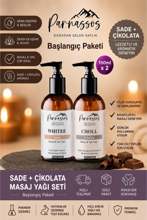 Çikolata & Sade Masaj Yağı Seti 150 Ml + 150 Ml | Doğal Vücut Masaj Yağı İkili Paket