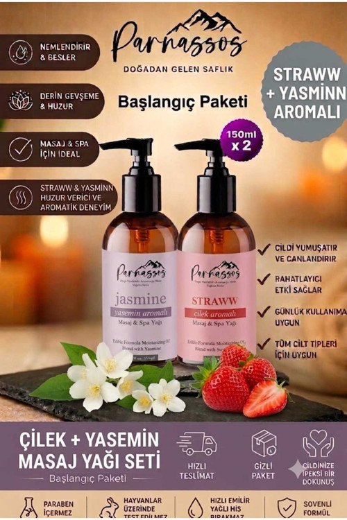 Çilek & Yasemin Masaj Yağı Seti 2X150 Ml | İpeksi Doku, Uzun Süreli Kayganlık, Hoş Ve Kalıcı Koku