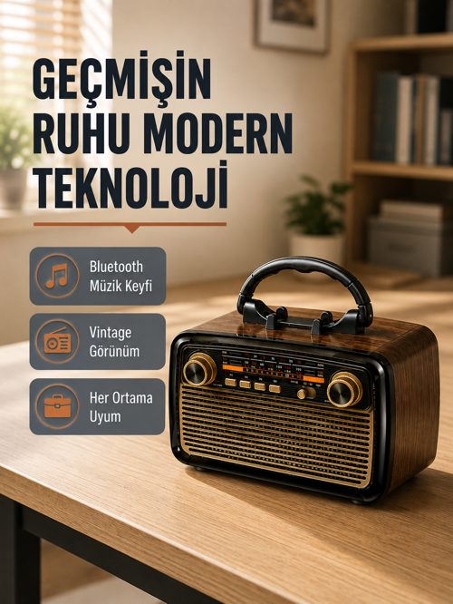 Bluetooth’Lu Led Işıklı Nostaljik Müzik Kutusu – Ahşap Dokulu, Tasarım Yüksek Ses Kalitesi