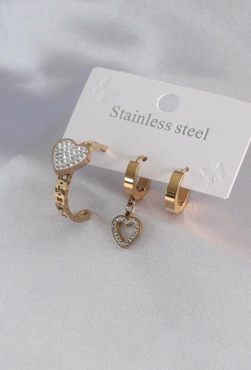 316L Çelik Gold Renk Kalp Model Zirkon Taşlı Kadın Küpe Kombini - TJ-BKP7101